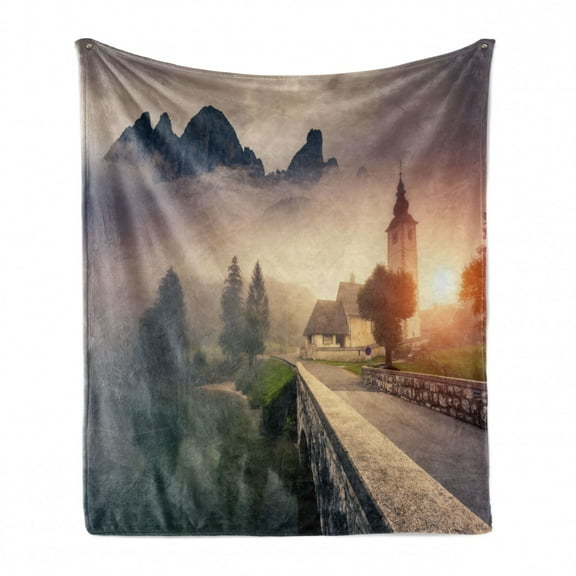 Landscape Soft Flannel Fleece Blanket, Majestic Foggy Morning Scene Triglav National Park Mountain Valley Dramatic View, Cozy Plush for Indoor and Outdoor Use, 50" x 70", Beige Grey, by Ambesonne