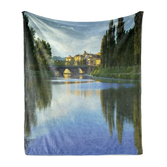 Landscape Soft Flannel Fleece Blanket, Majestic Tevere River Meets Bridge in Ukrainian Old Town European Rural Landscape, Cozy Plush for Indoor and Outdoor Use, 50" x 70", Green Blue, by Ambesonne