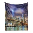 thumbnail image 1 of Landscape Soft Flannel Fleece Blanket, Manhattan Skyline with Brooklyn Bridge and Towers in NYC United States America, Cozy Plush for Indoor and Outdoor Use, 50" x 60", Purple Green, by Ambesonne, 1 of 5