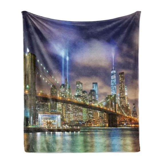 Landscape Soft Flannel Fleece Blanket, Manhattan Skyline with Brooklyn Bridge and Towers in NYC United States America, Cozy Plush for Indoor and Outdoor Use, 50" x 60", Purple Green, by Ambesonne