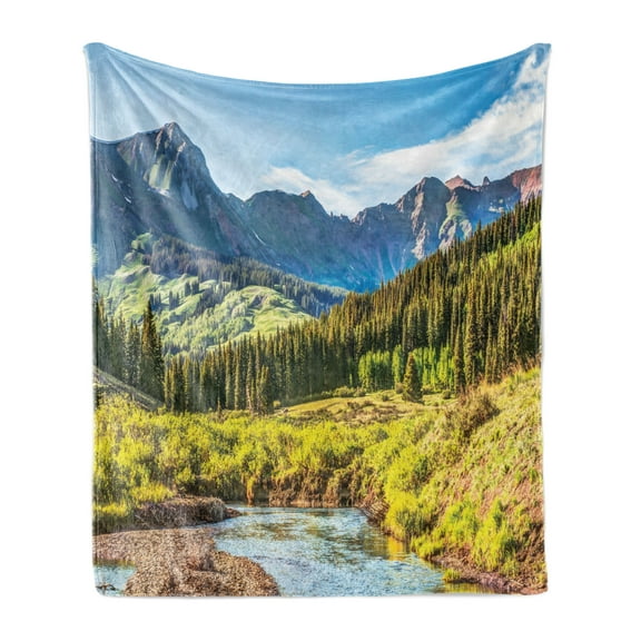 Landscape Soft Flannel Fleece Blanket, Mountain Vista Thick Forest Trees Mountain Flowing River Grass Cloudy Sky Valley, Cozy Plush for Indoor and Outdoor Use, 50" x 60", Multicolor, by Ambesonne