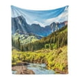 thumbnail image 1 of Landscape Soft Flannel Fleece Blanket, Mountain Vista Thick Forest Trees Mountain Flowing River Grass Cloudy Sky Valley, Cozy Plush for Indoor and Outdoor Use, 70" x 90", Multicolor, by Ambesonne, 1 of 5