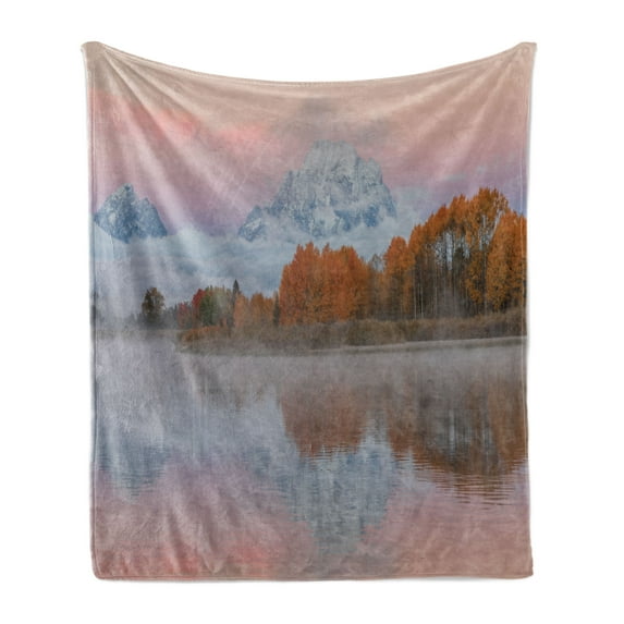 Landscape Soft Flannel Fleece Blanket, Mountains Scenery Misty Nature View Forest Lake Reflection Pink Sky Photography, Cozy Plush for Indoor and Outdoor Use, 60" x 80", Multicolor, by Ambesonne