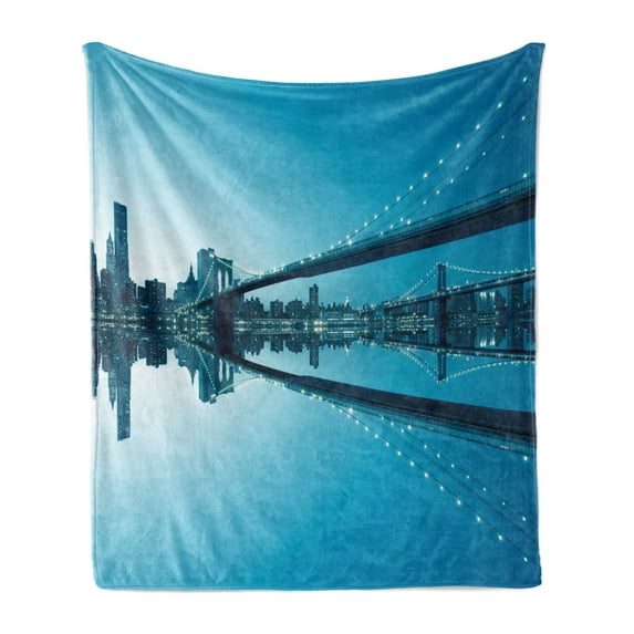 Landscape Soft Flannel Fleece Blanket, NYC Landscape Manhattan Skyline Panorama Monochrome Picture Modern Home Artwork, Cozy Plush for Indoor and Outdoor Use, 60" x 80", Blue White, by Ambesonne
