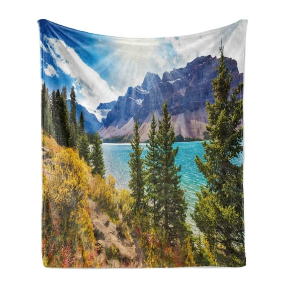 Landscape Soft Flannel Fleece Blanket, National Park Banff Canadian Rockies Mountain Trees Glacial Lake Sunny Sky, Cozy Plush for Indoor and Outdoor Use, 50" x 60", Aqua Mauve Green, by Ambesonne