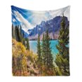 thumbnail image 1 of Landscape Soft Flannel Fleece Blanket, National Park Banff Canadian Rockies Mountain Trees Glacial Lake Sunny Sky, Cozy Plush for Indoor and Outdoor Use, 70" x 90", Aqua Mauve Green, by Ambesonne, 1 of 6