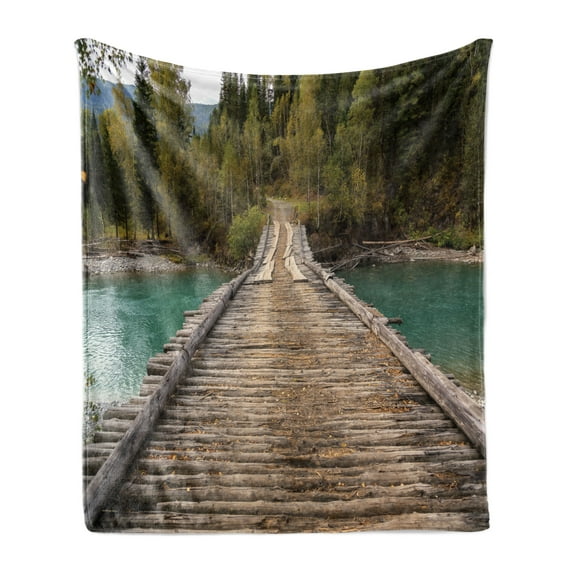 Landscape Soft Flannel Fleece Blanket, Old Wood Bridge over River Belaya Berel and Evergreen Forest Eastern Kazakhstan, Cozy Plush for Indoor and Outdoor Use, 50" x 60", Brown Green, by Ambesonne