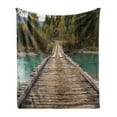 thumbnail image 1 of Landscape Soft Flannel Fleece Blanket, Old Wood Bridge over River Belaya Berel and Evergreen Forest Eastern Kazakhstan, Cozy Plush for Indoor and Outdoor Use, 70" x 90", Brown Green, by Ambesonne, 1 of 5