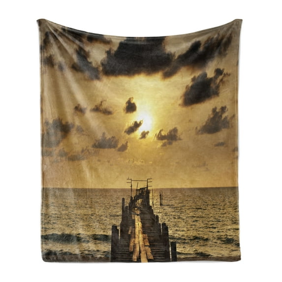 Landscape Soft Flannel Fleece Blanket, Old Wooden Deck Pond over the Sea Horizon Sunset Time of the Day Peaceful Scene, Cozy Plush for Indoor and Outdoor Use, 60" x 80", Yellow Grey, by Ambesonne
