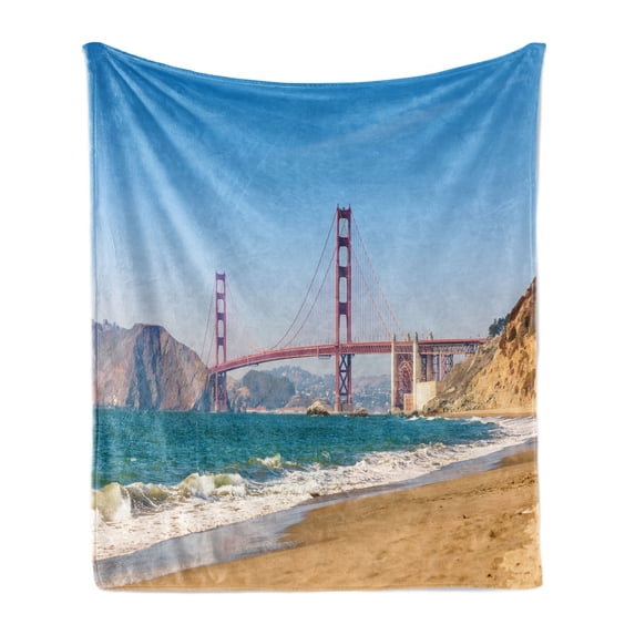 Landscape Soft Flannel Fleece Blanket, Panoramic View of Golden Gate Bridge San Francisco Coastline Nature Seascape, Cozy Plush for Indoor and Outdoor Use, 50" x 60", Blue Turquoise, by Ambesonne