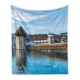 thumbnail image 1 of Landscape Soft Flannel Fleece Blanket, Panoramic View of Oak Chapel Bridge Northern Lands Lake European Aged City Print, Cozy Plush for Indoor and Outdoor Use, 60" x 80", Blue Brown, by Ambesonne, 1 of 5