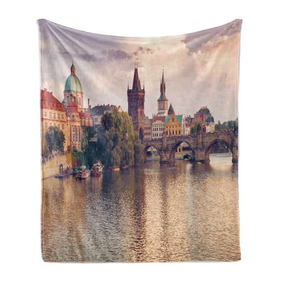 Landscape Soft Flannel Fleece Blanket, Pastoral View at Charles Bridge Spires of Prague Central Europe Gothic Buildings, Cozy Plush for Indoor and Outdoor Use, 50" x 60", Multicolor, by Ambesonne