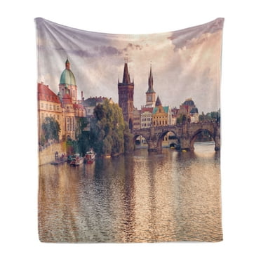 Landscape Soft Flannel Fleece Blanket, Pastoral View at Charles Bridge Spires of Prague Central Europe Gothic Buildings, Cozy Plush for Indoor and Outdoor Use, 50" x 70", Multicolor, by Ambesonne