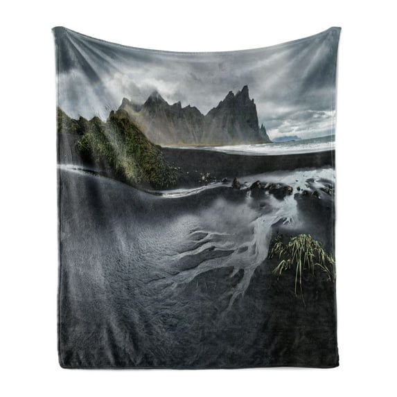 Landscape Soft Flannel Fleece Blanket, Photo of Black Sand Beach in Southern Iceland Long Exposure Shot Scenic Outdoors, Cozy Plush for Indoor and Outdoor Use, 60" x 80", Multicolor, by Ambesonne