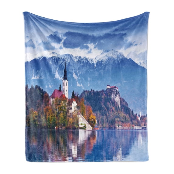 Landscape Soft Flannel Fleece Blanket, Photo of Bled in Slovenia with Lake Snowy Mountains and a Castle Pastoral Scenery, Cozy Plush for Indoor and Outdoor Use, 50" x 70", Multicolor, by Ambesonne