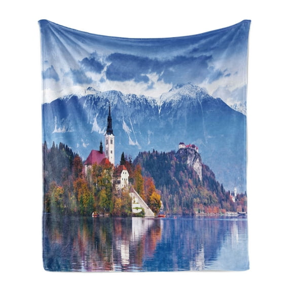Landscape Soft Flannel Fleece Blanket, Photo of Bled in Slovenia with Lake Snowy Mountains and a Castle Pastoral Scenery, Cozy Plush for Indoor and Outdoor Use, 60" x 80", Multicolor, by Ambesonne
