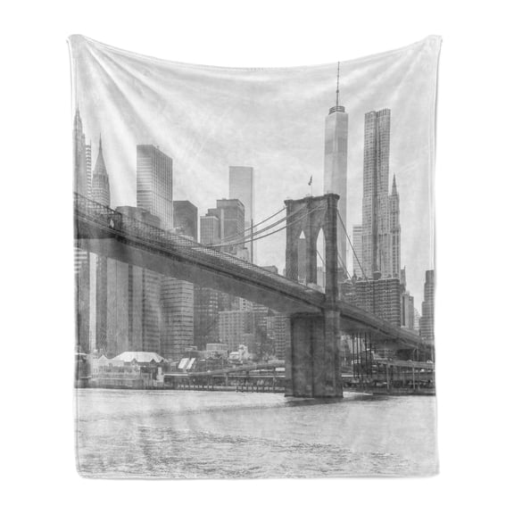 Landscape Soft Flannel Fleece Blanket, Photo of Brooklyn Bridge over East River and Tall Buildings Skylines at the Back, Cozy Plush for Indoor and Outdoor Use, 50" x 60", Grey White, by Ambesonne