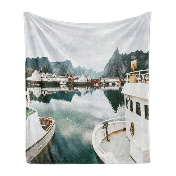 Landscape Soft Flannel Fleece Blanket, Photo Lofoten Islands Norway Scandinavian Scenic Outdoor Ships Fishermen Fishery, Cozy Plush for Indoor and Outdoor Use, 50" x 60", Multicolor, by Ambesonne