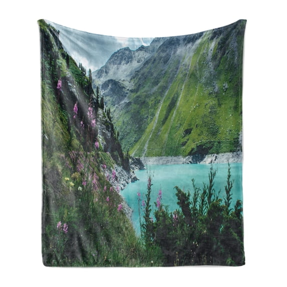 Landscape Soft Flannel Fleece Blanket, Photo of Majestic Mountain Lake Switzerland Spring in Nature Alps Europe Outdoor, Cozy Plush for Indoor and Outdoor Use, 70" x 90", Multicolor, by Ambesonne