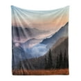 thumbnail image 1 of Landscape Soft Flannel Fleece Blanket, Photo of Misty Clouds Mountains Covered Pine Forest Demonstration, Cozy Plush for Indoor and Outdoor Use, 60" x 80", Peach and Pale Ceil Blue, by Ambesonne, 1 of 5