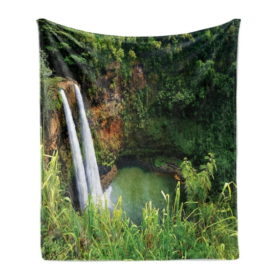 Landscape Soft Flannel Fleece Blanket, Photo of Wailua Waterfalls at Hawaii Nature Outdoor Scene in Jungle, Cozy Plush for Indoor and Outdoor Use, 50" x 60", Emerald and Multicolor, by Ambesonne
