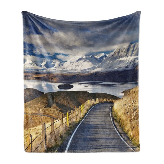 Landscape Soft Flannel Fleece Blanket, Pike Road to the River and Snowy Mountain in Gradient Colors Sky Scenery, Cozy Plush for Indoor and Outdoor Use, 50" x 70", White Blue Yellow, by Ambesonne