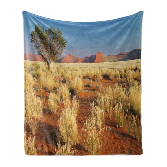 Landscape Soft Flannel Fleece Blanket, Plant Theme Tree Desert Sossusvlei Namibia Southern Africa Photo Print, Cozy Plush for Indoor and Outdoor Use, 70" x 90", Sky Blue and Marigold, by Ambesonne