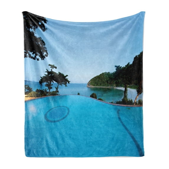 Landscape Soft Flannel Fleece Blanket, Pool View at Sunset Beach in Seacoast Ocean Vibrant Colors Adventure Photo, Cozy Plush for Indoor and Outdoor Use, 60" x 80", Turquoise Green, by Ambesonne