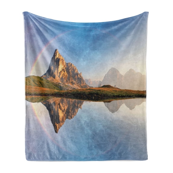 Landscape Soft Flannel Fleece Blanket, Rainbow over Mountain Lake Reflection in Clear Water Dreamy Spots on Earth Photo, Cozy Plush for Indoor and Outdoor Use, 70" x 90", Multicolor, by Ambesonne