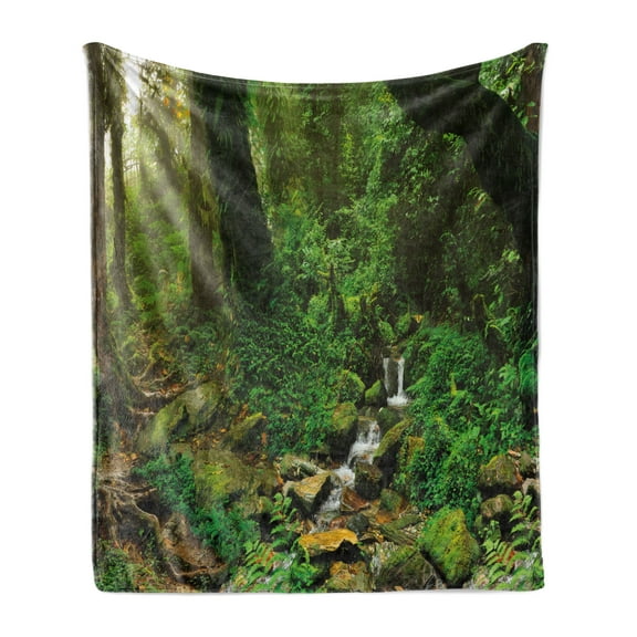 Landscape Soft Flannel Fleece Blanket, Rainforest Trees and Fresh Grass in Nepal Jungle Wildlife Nature Tropical Photo, Cozy Plush for Indoor and Outdoor Use, 50" x 70", Green Brown, by Ambesonne