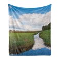 thumbnail image 1 of Landscape Soft Flannel Fleece Blanket, Reflective Calm River Scenery Meadow Grass Clouds Wildflowers Trees Shrubs, Cozy Plush for Indoor and Outdoor Use, 50" x 60", Green Blue White, by Ambesonne, 1 of 5