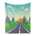 thumbnail image 1 of Landscape Soft Flannel Fleece Blanket, Road Trip Concept with Calming Green Forest Mountains and Sunrise Horizon Scenery, Cozy Plush for Indoor and Outdoor Use, 50" x 70", Multicolor, by Ambesonne, 1 of 5