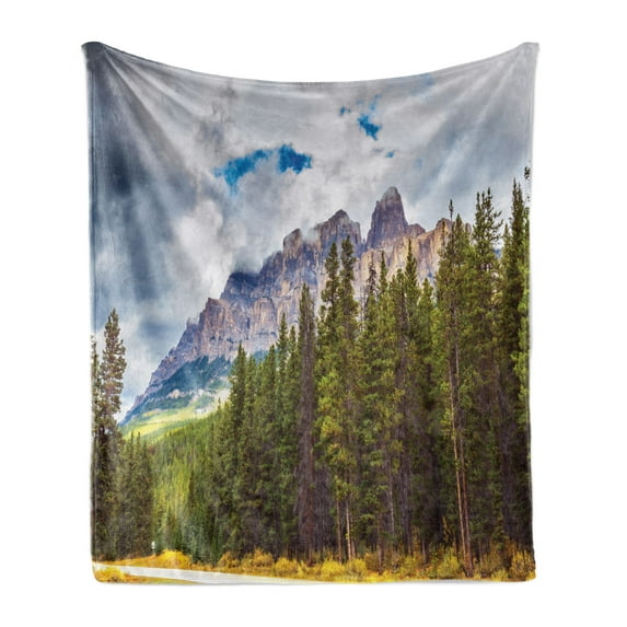 Landscape Soft Flannel Fleece Blanket, Rocky Mountains Majestic Look Canada Evergreen Aspen Trees Autumn Nature Outdoor, Cozy Plush for Indoor and Outdoor Use, 70" x 90", Multicolor, by Ambesonne