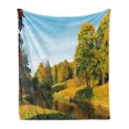 thumbnail image 1 of Landscape Soft Flannel Fleece Blanket, Scenery View Natural Forest Park with Trees and River Photo Image, Cozy Plush for Indoor and Outdoor Use, 50" x 70", Marigold and Olive Green, by Ambesonne, 1 of 5