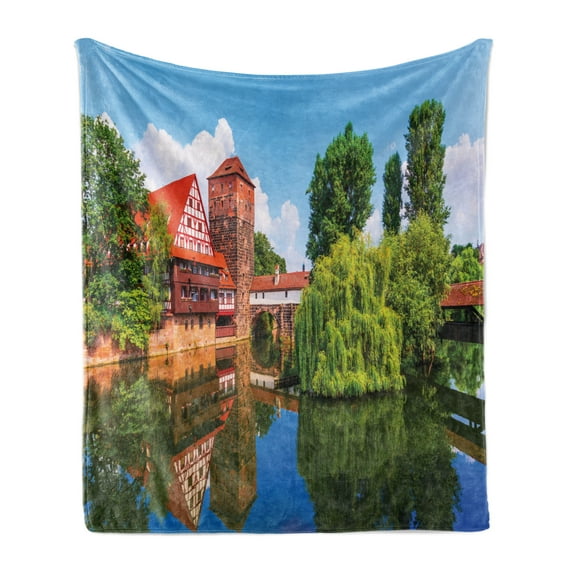 Landscape Soft Flannel Fleece Blanket, Scenic Summer German Traditional Medieval Half-Timbered Bridge River Town, Cozy Plush for Indoor and Outdoor Use, 50" x 60", Orange Blue Green, by Ambesonne