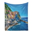 thumbnail image 1 of Landscape Soft Flannel Fleece Blanket, Seaside Colorful Houses on the Hill European Architecture Themed Seascape Photo, Cozy Plush for Indoor and Outdoor Use, 50" x 60", Red and Blue, by Ambesonne, 1 of 6