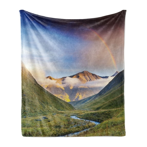 Landscape Soft Flannel Fleece Blanket, Serene Meadow with Narrow Riverbed Mountains Rainbow Grass Clouds Mist at Daytime, Cozy Plush for Indoor and Outdoor Use, 50" x 60", Multicolor, by Ambesonne