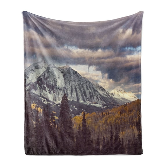 Landscape Soft Flannel Fleece Blanket, Snow-Capped Mountains in Colorado Autumn Season Before Rain Grey Clouds Outdoorsy, Cozy Plush for Indoor and Outdoor Use, 50" x 60", Multicolor, by Ambesonne