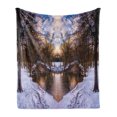 thumbnail image 1 of Landscape Soft Flannel Fleece Blanket, Snowy Winter Park Trees Heart Shape Lake River Sunset View Symmetrical Art, Cozy Plush for Indoor and Outdoor Use, 70" x 90", Brown and White, by Ambesonne, 1 of 5