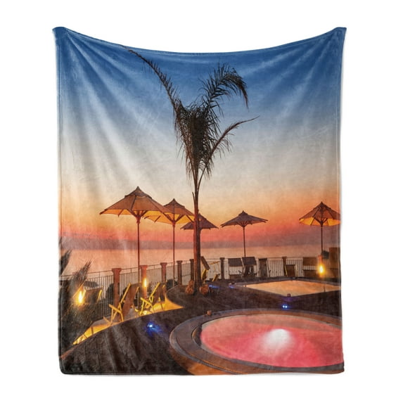 Landscape Soft Flannel Fleece Blanket, Summer Time Resort Place Sea at Evening Caribbean Warm Tranquil Calm Relaxation, Cozy Plush for Indoor and Outdoor Use, 60" x 80", Multicolor, by Ambesonne