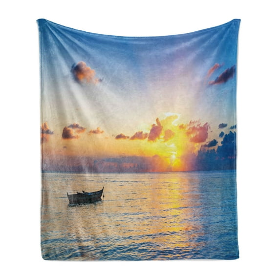 Landscape Soft Flannel Fleece Blanket, Sun Rising over Ocean on Maldives Seascape Photo Majestic Morning Scenery, Cozy Plush for Indoor and Outdoor Use, 50" x 60", Blue Coral Yellow, by Ambesonne