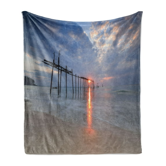 Landscape Soft Flannel Fleece Blanket, Sunbeams and Old Bridge at Pilai Beach Sunset Thailand Tropical Seascape Picture, Cozy Plush for Indoor and Outdoor Use, 60" x 80", Grey Beige, by Ambesonne