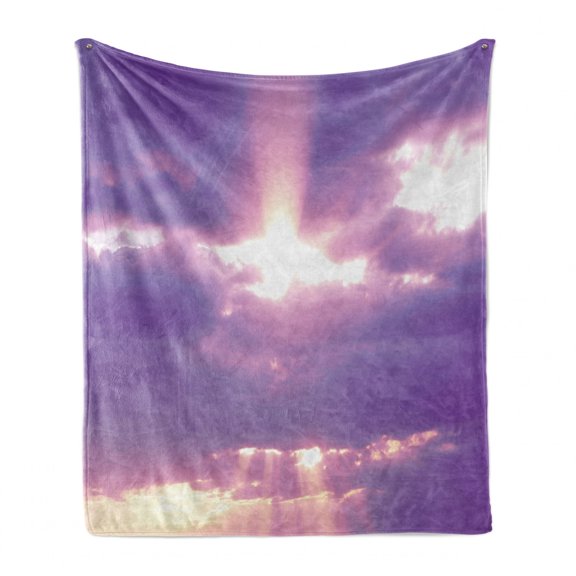 Landscape Soft Flannel Fleece Blanket, Sunburst on Cloudy Sky Rainy Weather Romantic View Valentin's Day Picture Print, Cozy Plush for Indoor and Outdoor Use, 70" x 90", Purple White, by Ambesonne