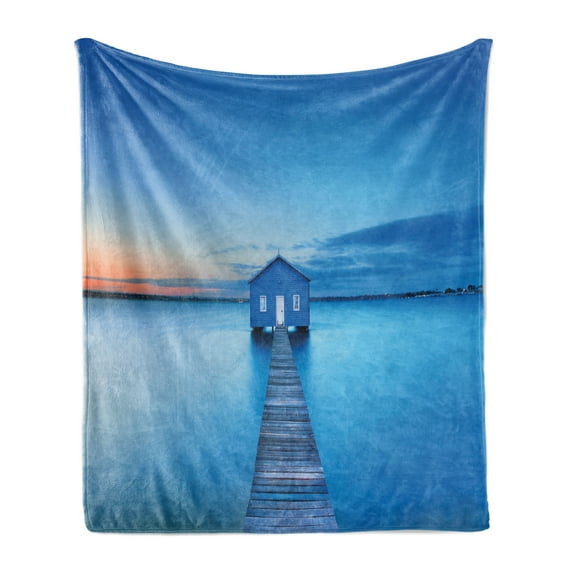 Landscape Soft Flannel Fleece Blanket, Sunrise over Water Lakehouse Cabin Boardwalk Sun Rays Clouds Horizon Nature, Cozy Plush for Indoor and Outdoor Use, 70" x 90", Blue Orange Grey, by Ambesonne