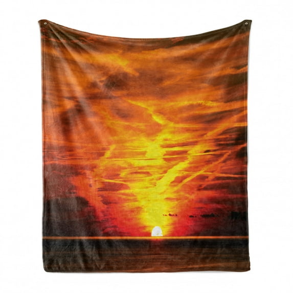 Landscape Soft Flannel Fleece Blanket, Sunset over the Sea Golden Yellow Horizon Sailing Outdoors Dusk Nature Mediterranean, Cozy Plush for Indoor and Outdoor Use, 70" x 90", Orange, by Ambesonne