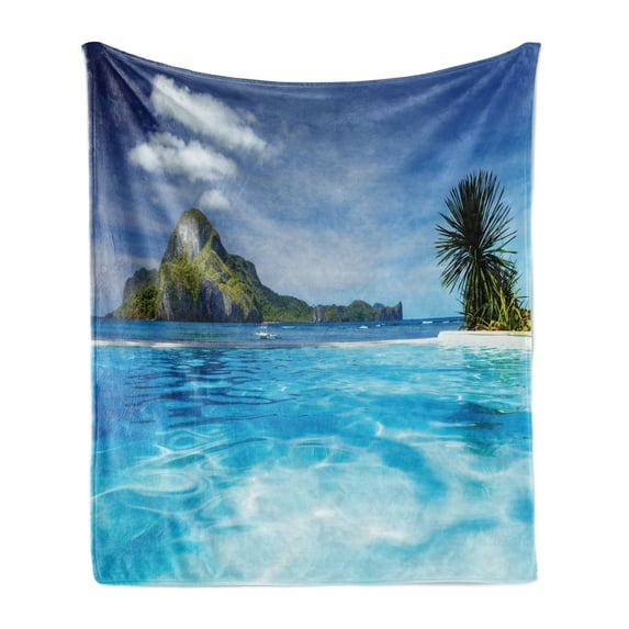 Landscape Soft Flannel Fleece Blanket, Landscape with Swimming Pool and Distant Island Tropic Exotic Hawaiian Theme, Cozy Plush for Indoor and Outdoor Use, 50" x 70", Turquoise Green, by Ambesonne