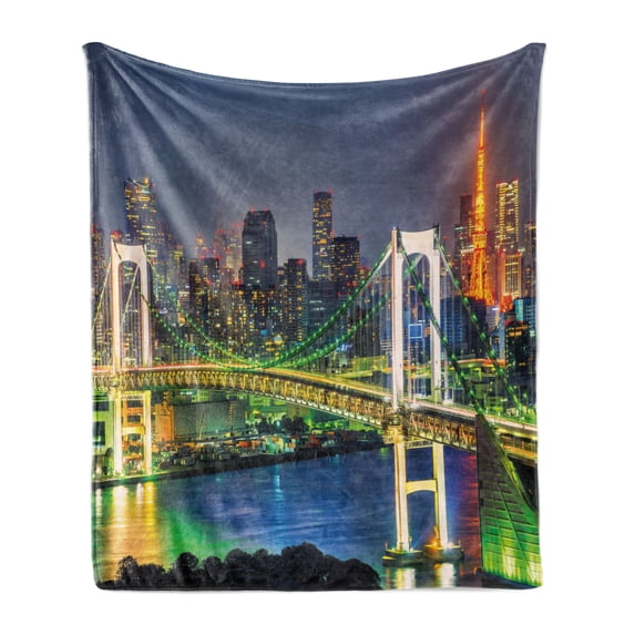 Landscape Soft Flannel Fleece Blanket, Tokyo Skyline with Tokyo Tower and Rainbow Bridge Tokyo Japan Night Scenery View, Cozy Plush for Indoor and Outdoor Use, 60" x 80", Green Navy, by Ambesonne