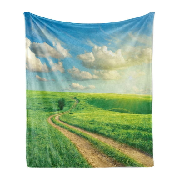 Landscape Soft Flannel Fleece Blanket, Tranquil Nature Outdoor Scene with Grassy Hill Summer Sky Pathway Fluffy Cloudy, Cozy Plush for Indoor and Outdoor Use, 50" x 60", Green Blue, by Ambesonne