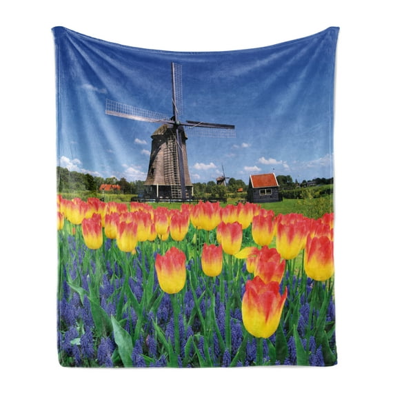 Landscape Soft Flannel Fleece Blanket, Tulip Blooms with Classic Dutch Windmill Netherlands Countryside Spring Picture, Cozy Plush for Indoor and Outdoor Use, 50" x 70", Yellow Blue, by Ambesonne
