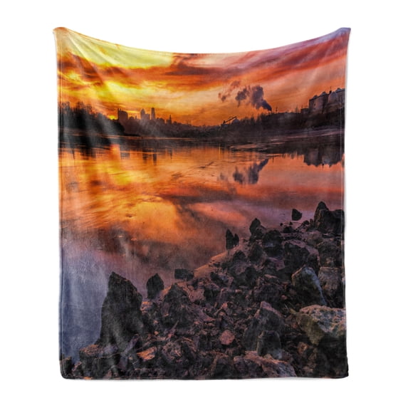 Landscape Soft Flannel Fleece Blanket, Usa Missouri Kansas City Scenery of a Sunset Lake Nature Camping Themed Art Photo, Cozy Plush for Indoor and Outdoor Use, 70" x 90", Multicolor, by Ambesonne
